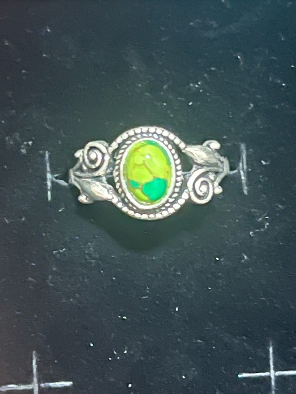 Handmade Silver Lime Green Turquoise Oval Ring Size 7 Artisan Boho Scroll